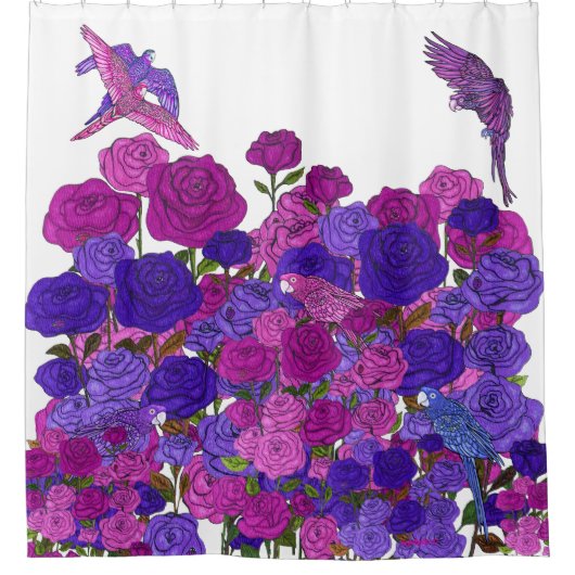 Parrots Love Roses シャワーカーテン (正面)