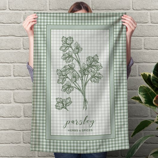 Parsley Herb Kitchen Towel – Green Gingham Border キッチンタオル