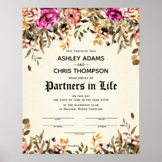 "Partners For Life" Floral Wedding Certificate ポスター