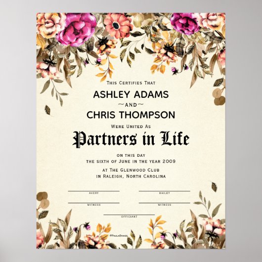 "Partners For Life" Floral Wedding Certificate ポスター (正面)