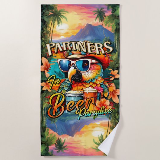 Partners in Beer Paradise Parrot Tropical ビーチタオル (正面)