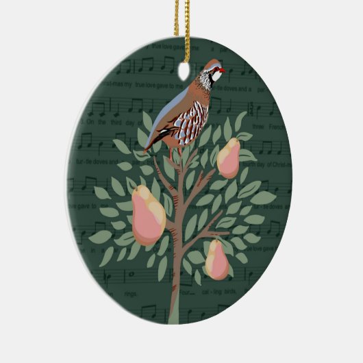 Partridge in a pear tree Christmas Carole on green セラミックオーナメント (右)