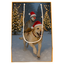 Partridge riding yellow labrador Christmas card ミディアムペーパーバッグ