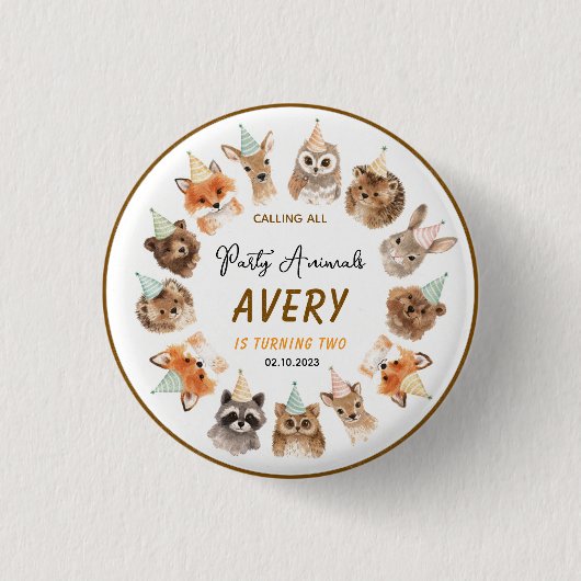 Party Animals 2nd Birthday | Cute Jungle Animal 缶バッジ (正面)