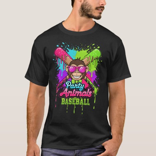 Party Animals Baseball Funny Monkey Baseball Lover Tシャツ (正面)