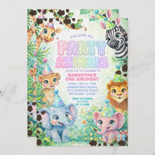 Party Animals Birthday Colorful Rainbow  招待状 (正面/裏面)