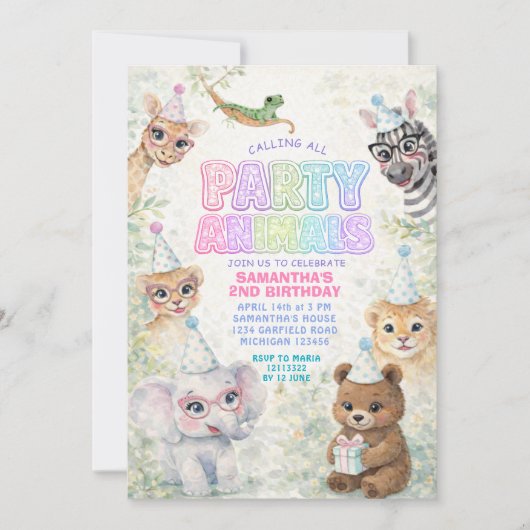Party Animals Birthday Invitation | Rainbow Safari 招待状 (正面)