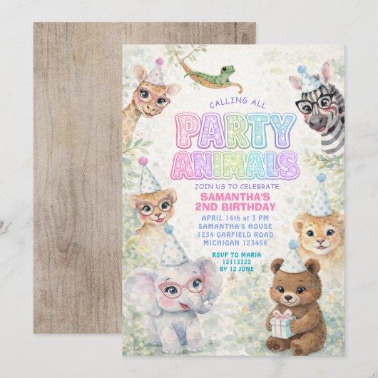 Party Animals Birthday Invitation | Rainbow Safari 招待状 (正面/裏面)