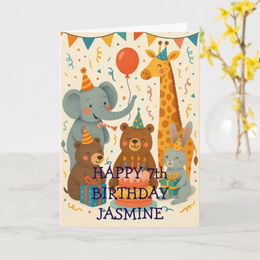 Party Animals Celebrating a Birthday Custom  カード (黄色い花)