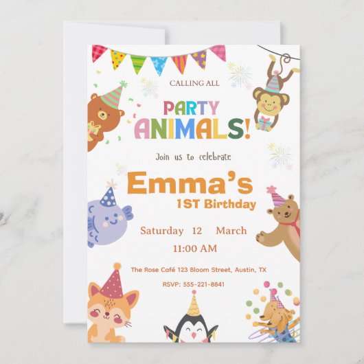 Party Animals First Birthday Invitation 招待状 (正面)