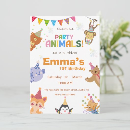 Party Animals First Birthday Invitation  招待状 (スタンド正面)