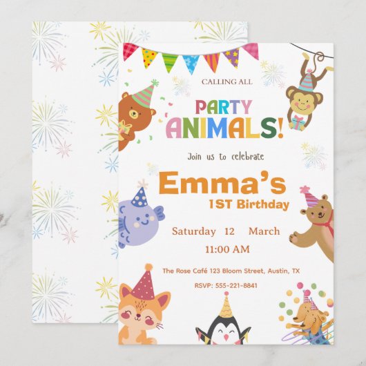Party Animals First Birthday Invitation 招待状 (正面/裏面)