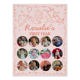 Party Animals Girl's First Birthday Photo Collage ポスター