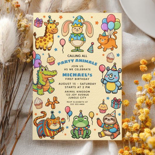 Party Animals Whimsical ZOO First Birthday Party 招待状