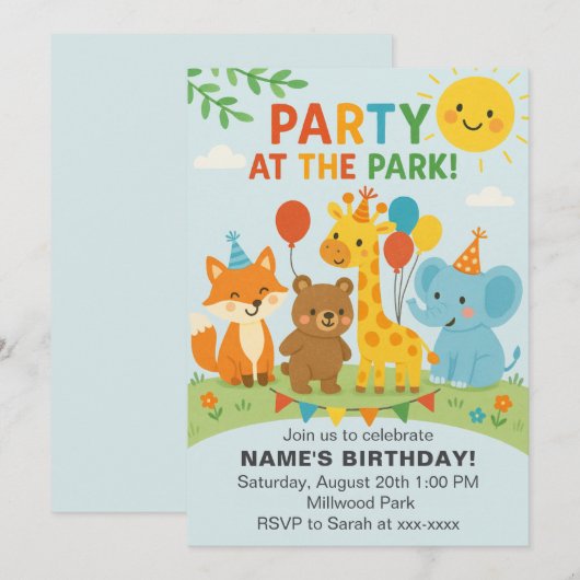 Party at The Park Animals Birthday Invitation 招待状 (正面/裏面)