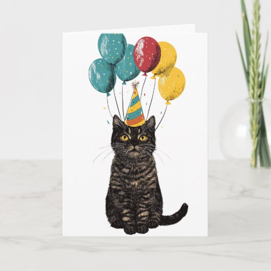 Party Cat Birthday Card – Cute Black Cat with Ball カード (正面)