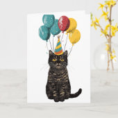 Party Cat Birthday Card – Cute Black Cat with Ball カード (黄色い花)