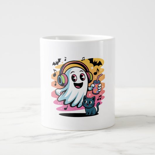Party Ghost with Cat Cute Halloween Cartoon ジャンボコーヒーマグカップ (正面)