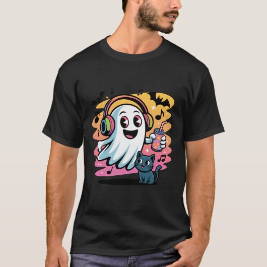 Party Ghost with Cat Cute Halloween Cartoon Tシャツ (正面)