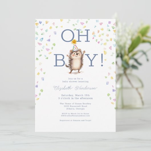 Party Hedgehog It's A Boy Baby Shower Invitation 招待状 (スタンド正面)