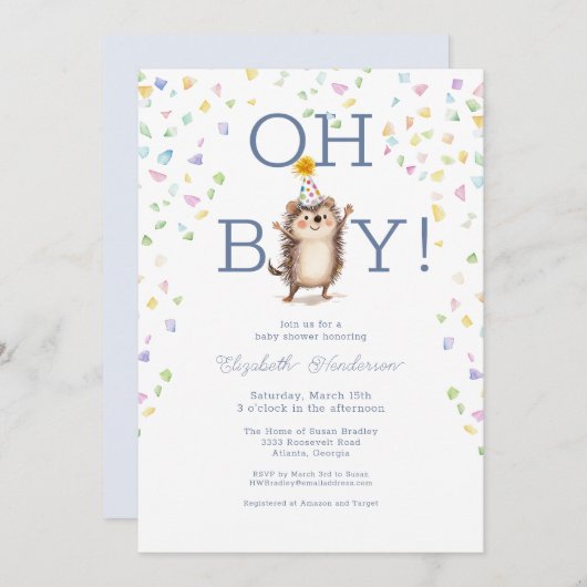 Party Hedgehog It's A Boy Baby Shower Invitation 招待状 (正面/裏面)