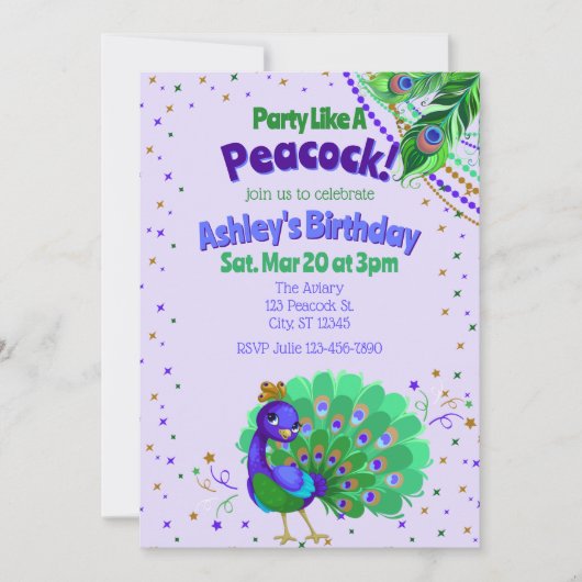 Party Like A Peacock Birthday 招待状 (正面)