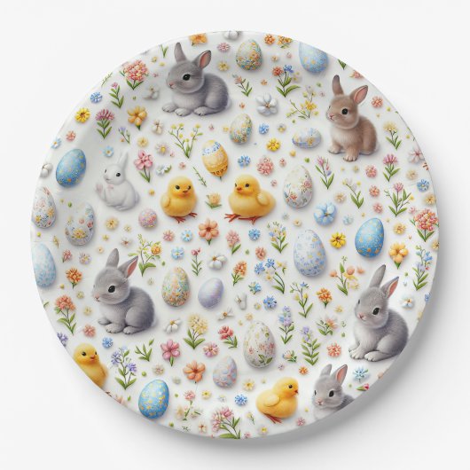 Party Paper Plates – Bunnies, Eggs, Chicks ペーパープレート (正面)