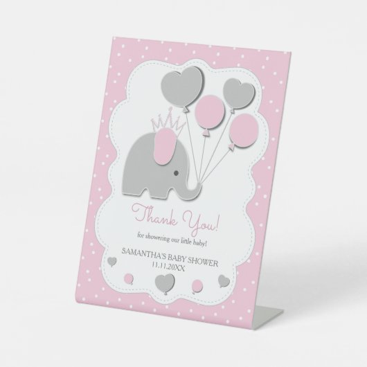 Party Pink gray tone Elephant Baby Shower Girl 台座サイン (正面)