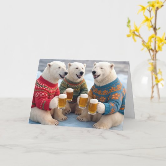 Party Polar Bears Wearing Christmas Ugly Sweaters カード (黄色い花)