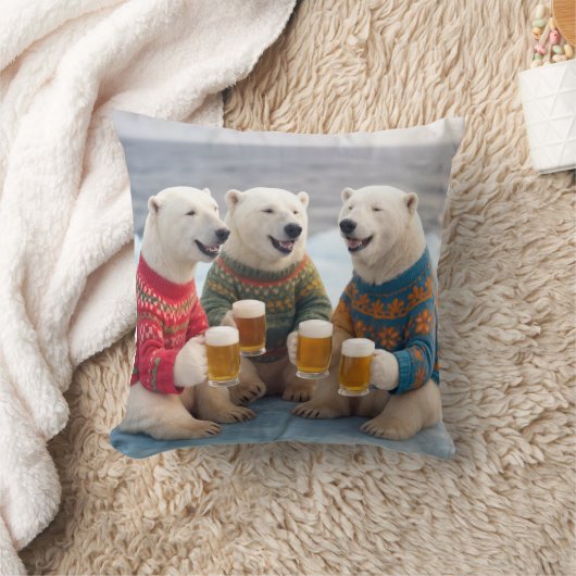 Party Polar Bears Wearing Christmas Ugly Sweaters クッション (ブランケット)