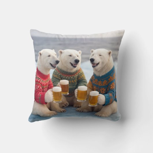 Party Polar Bears Wearing Christmas Ugly Sweaters クッション (裏面)