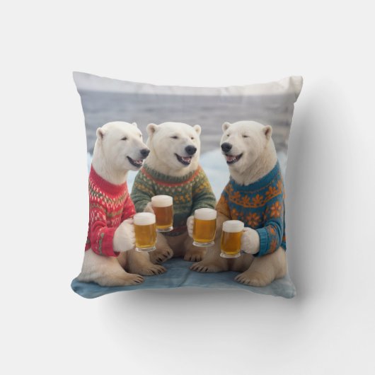 Party Polar Bears Wearing Christmas Ugly Sweaters クッション (正面)
