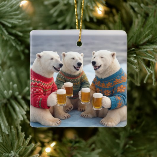 Party Polar Bears Wearing Christmas Ugly Sweaters セラミックオーナメント (ツリー)