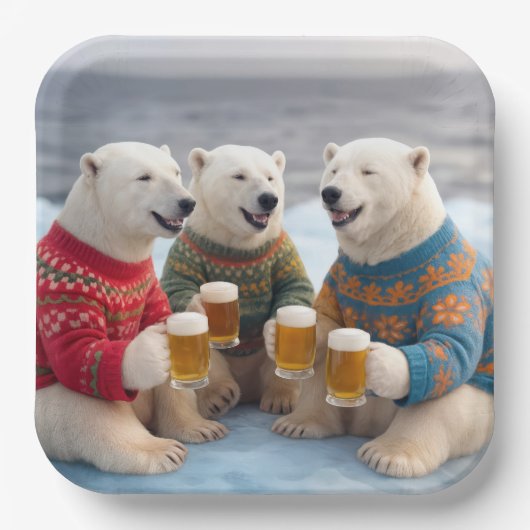 Party Polar Bears Wearing Christmas Ugly Sweaters ペーパープレート (正面)