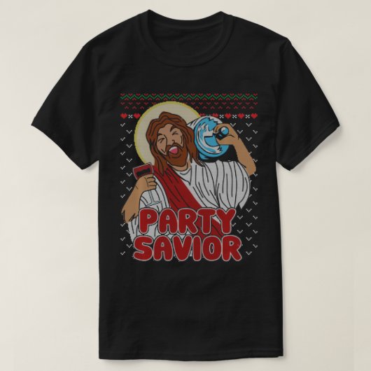 Party Savior Jesus Christ Santa Beer Ugly Christma Tシャツ (デザイン正面)