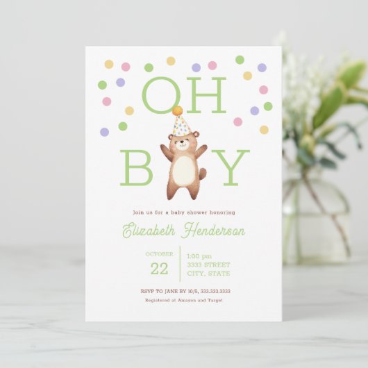 Party Teddy Bear Oh Boy Baby Shower Invitation 招待状 (スタンド正面)