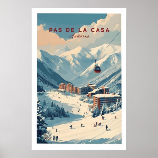 Pas de la Casaの冬の村と斜面プリント スキー ポスター (正面)