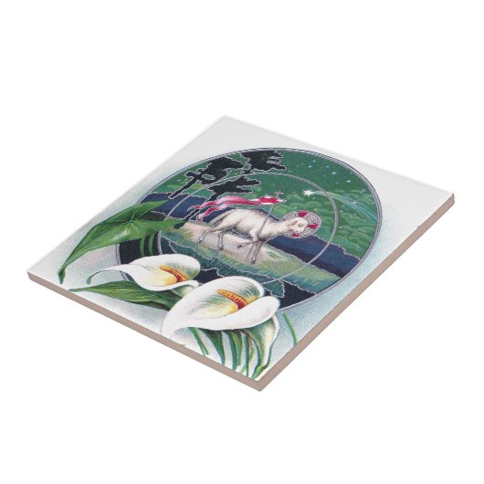 Paschal子ヒツジおよび白いユリのヴィンテージイースター タイル (側面)