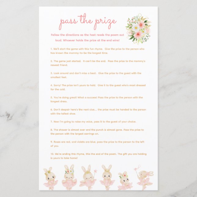 Pass the Prize Baby Shower Game Pink Ballerina (正面)