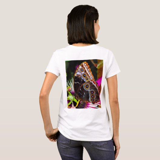 Passiflora VIOLACEAとBlue morpho蝶 Tシャツ (裏面フル)