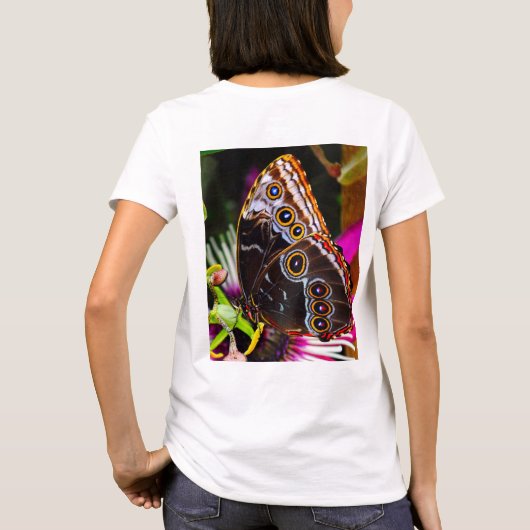 Passiflora VIOLACEAとBlue morpho蝶 Tシャツ (裏面)
