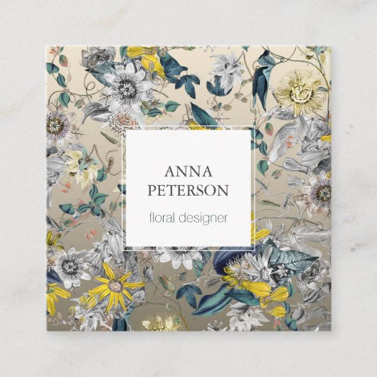 Passion エレガント Flowers on Silver Gray スクエア名刺 (正面)