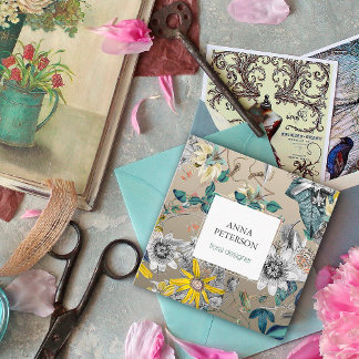 Passion エレガント Flowers on Silver Gray スクエア名刺