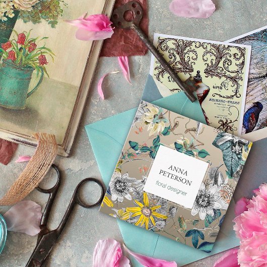 Passion エレガント Flowers on Silver Gray スクエア名刺