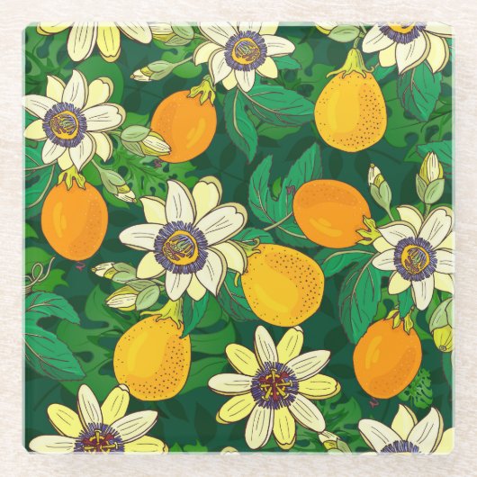 Passionflower開花：黒い背景ヴィンテージ。 ガラスコースター (正面)