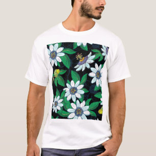 Passionflower黒い背景フローラシームレス Tシャツ