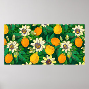 Passionflower (passiflora、パッションフルーツ) on a bla ポスター
