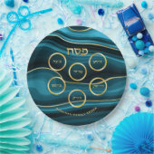 Passover Faux Agate Teal & Gold Seder Plate ペーパープレート (パーティー)