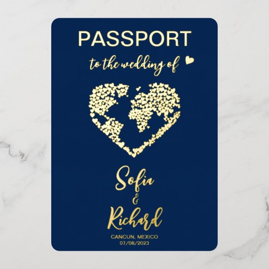 Passportの結婚宛先ワールドマップQRコード 箔招待状 (正面)