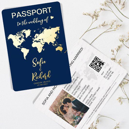 Passportの結婚宛先ワールドマップQRコード 箔招待状